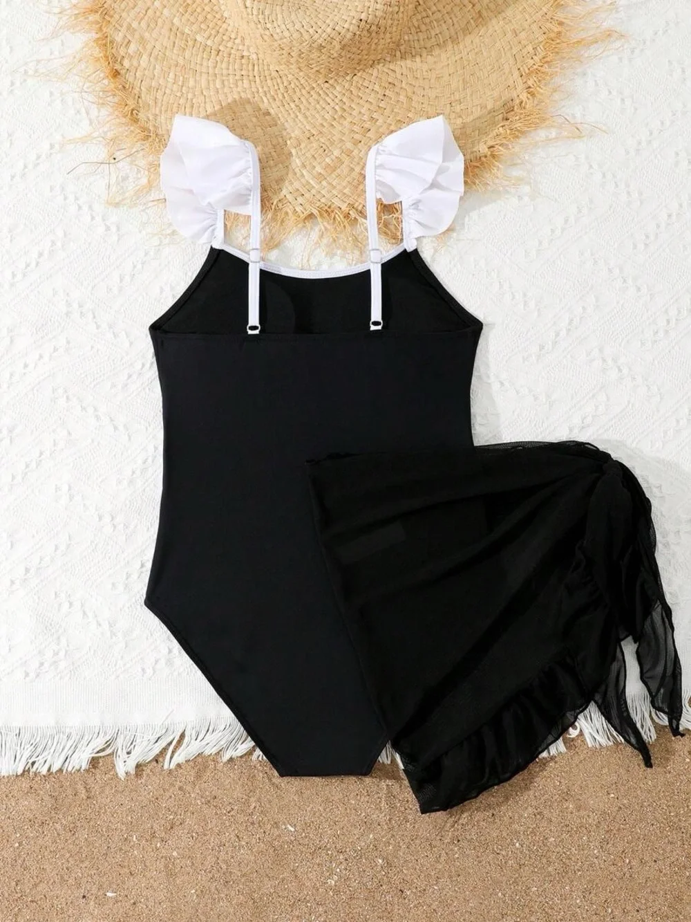 Girls Grace Karin Black & White Ruffle One-Piece bathing suit w skirt size 12